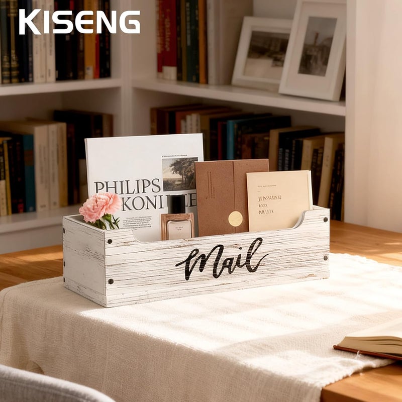 KISENG White Wooden Mail Organizer Countertop (Retro White+Black) - Image 2